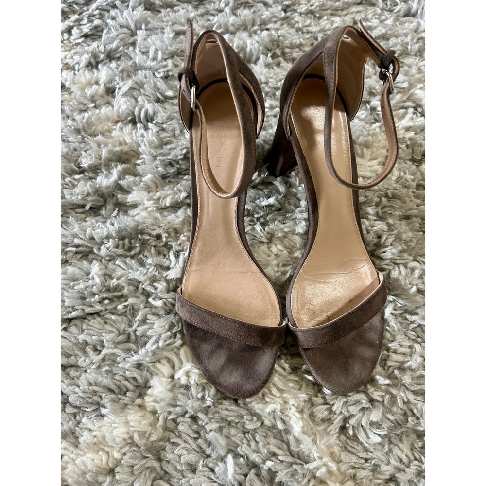 Stuart Weitzman Nearlynude Suede Block Heel Ankle Strap Sandals in Brown sz 10 - Picture 3 of 6